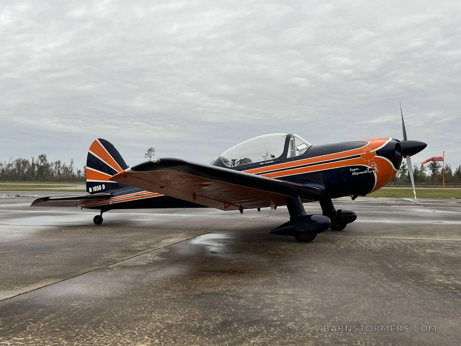 A blue and orange single-engine aircraft with tail number N 1956 D parked on a wet tarmac under a cloudy sky.
