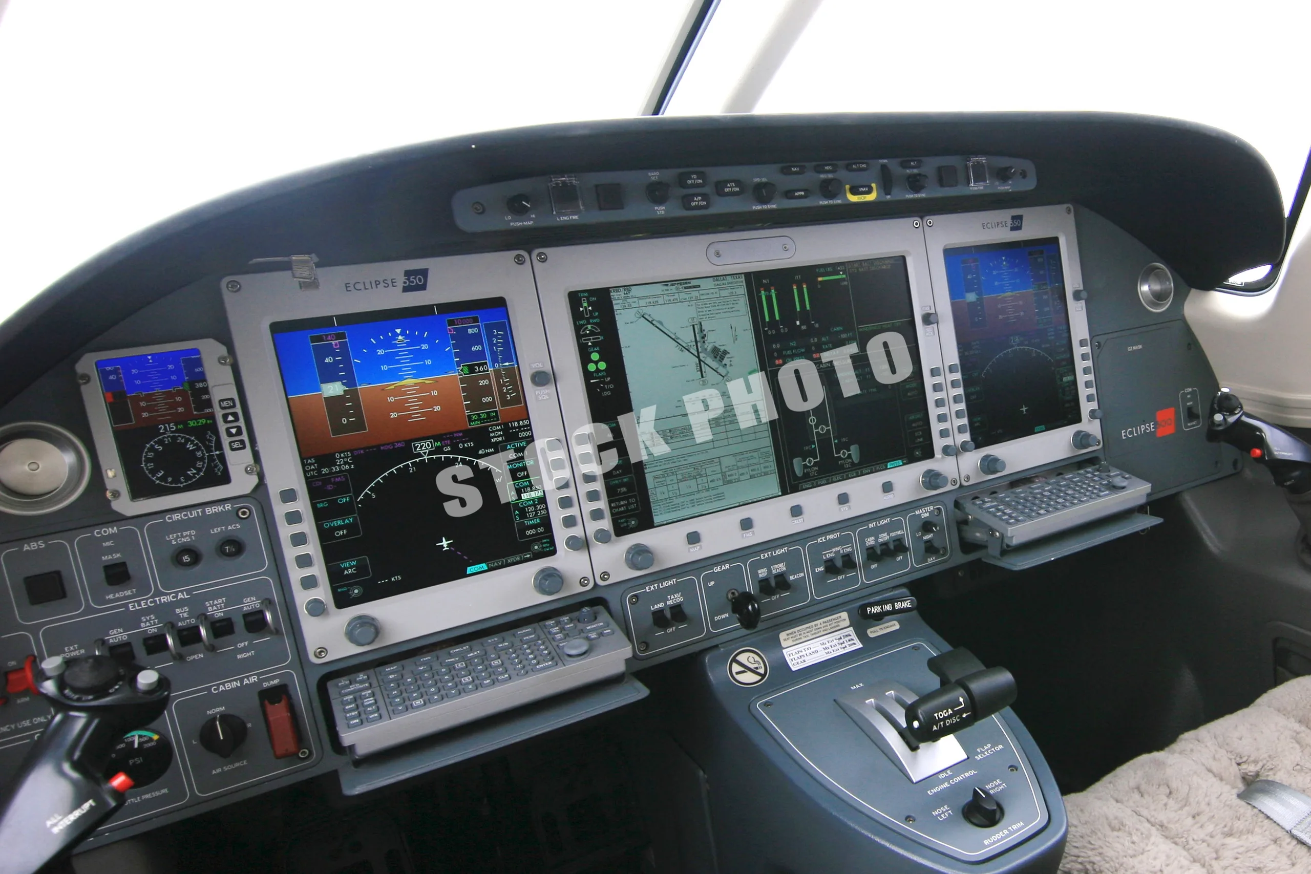 A close-up view of the co-pilot's side of the Eclipse 500 cockpit, showing the instrument panel and controls.