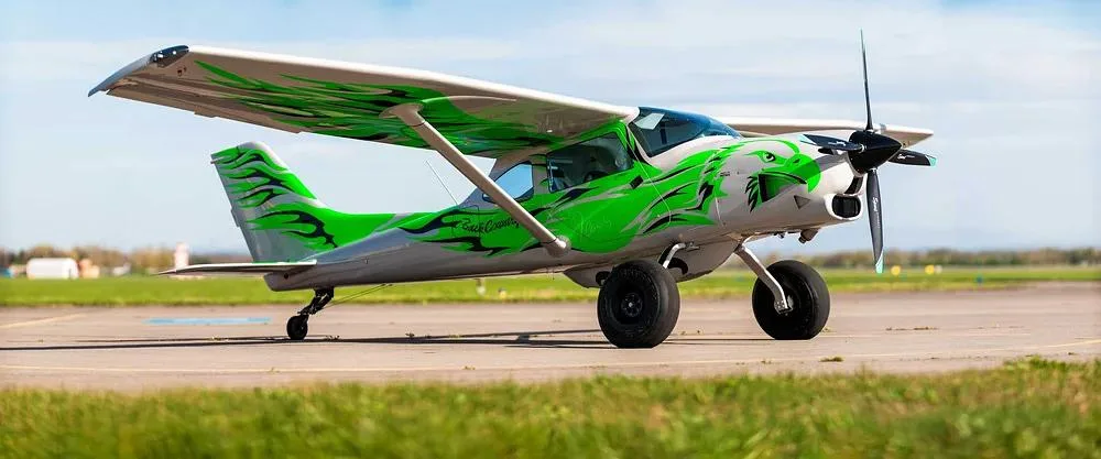 A white and green Backcountry Super Cub aircraft with a dragon paint scheme on a grassy airfield under a blue sky.