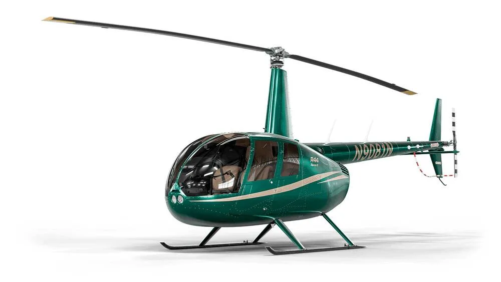 A green Robinson R44 Raven I helicopter with a tan stripe and registration N90DBN, shown from a front-right three-quarter view on a white background.