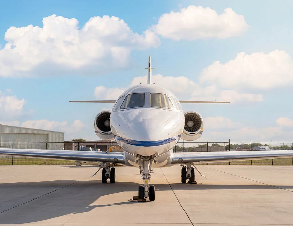 A head-on view of a white Cessna Citation Latitude business jet with blue stripes on the nose, parked on a tarmac under a cloudy sky.