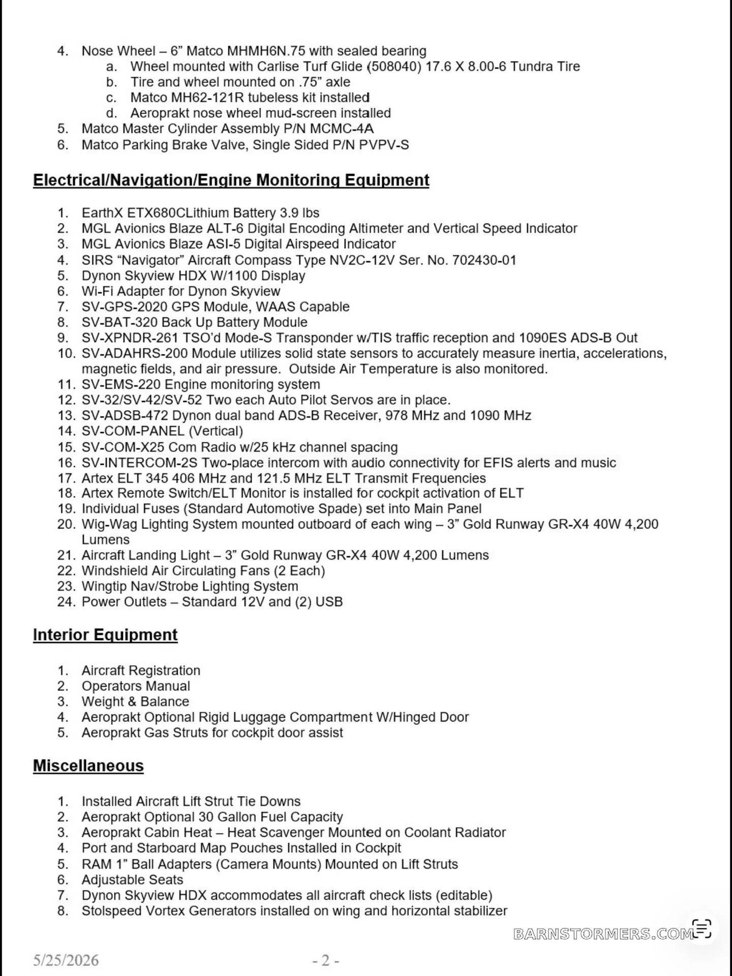 A detailed list of nose wheel, electrical, navigation, engine monitoring, interior, and miscellaneous equipment for an aircraft.