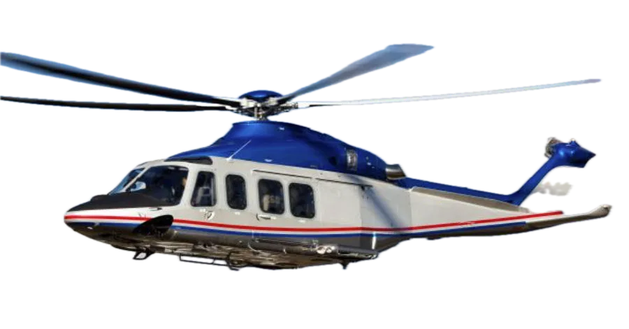 A blue and white helicopter with red and blue stripes, seen from the side with its main rotor blades spinning.