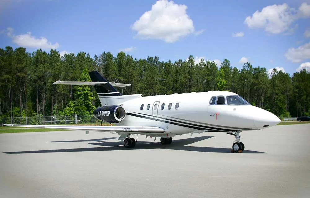 A white business jet with black and grey stripes, registration N440WP, parked on an asphalt tarmac with trees in the background.