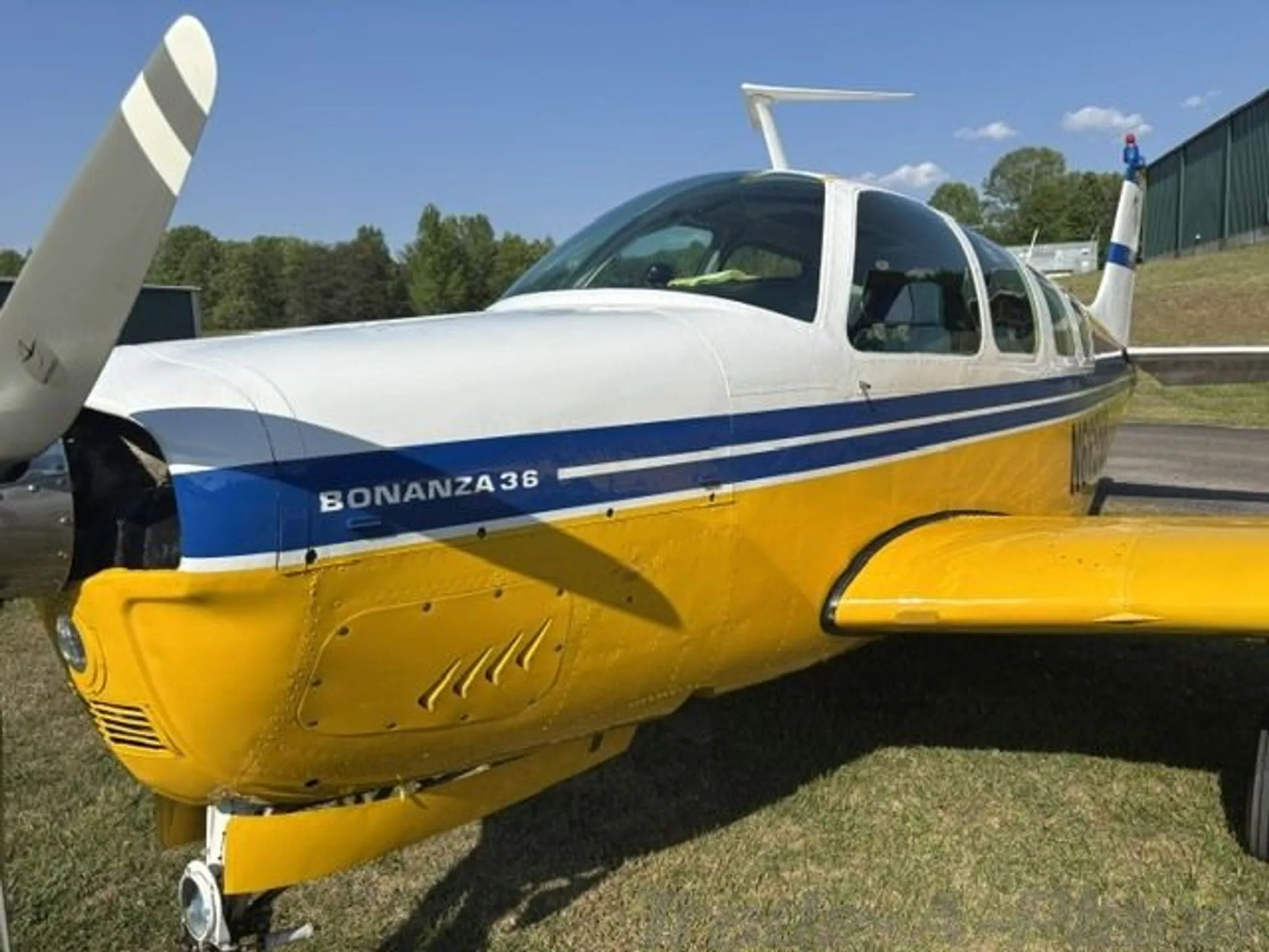Side-front view of a yellow and white Beechcraft Bonanza 36 with blue stripes, parked on grass.