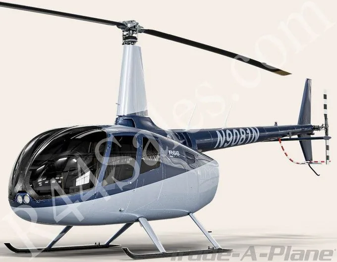 A blue and white Robinson R66 helicopter with registration N9DB3N, viewed from the front-side against a plain background.