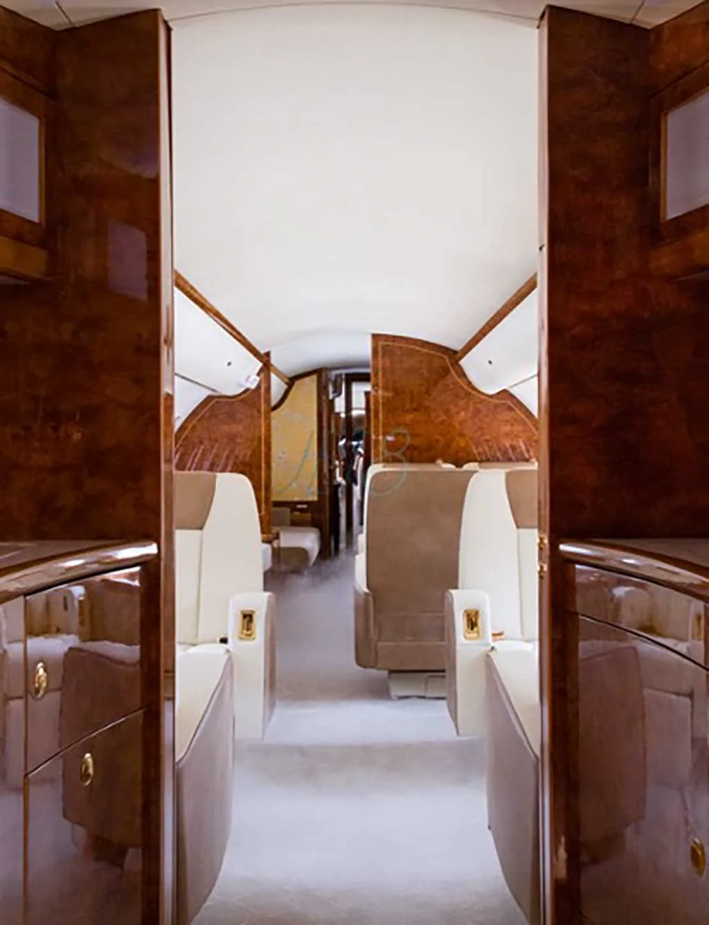 A view down the luxurious aircraft cabin aisle with polished wood paneling and light-colored seats.