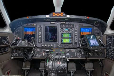 The cockpit of a Beech 1900D Airliner showing the instrument panel.