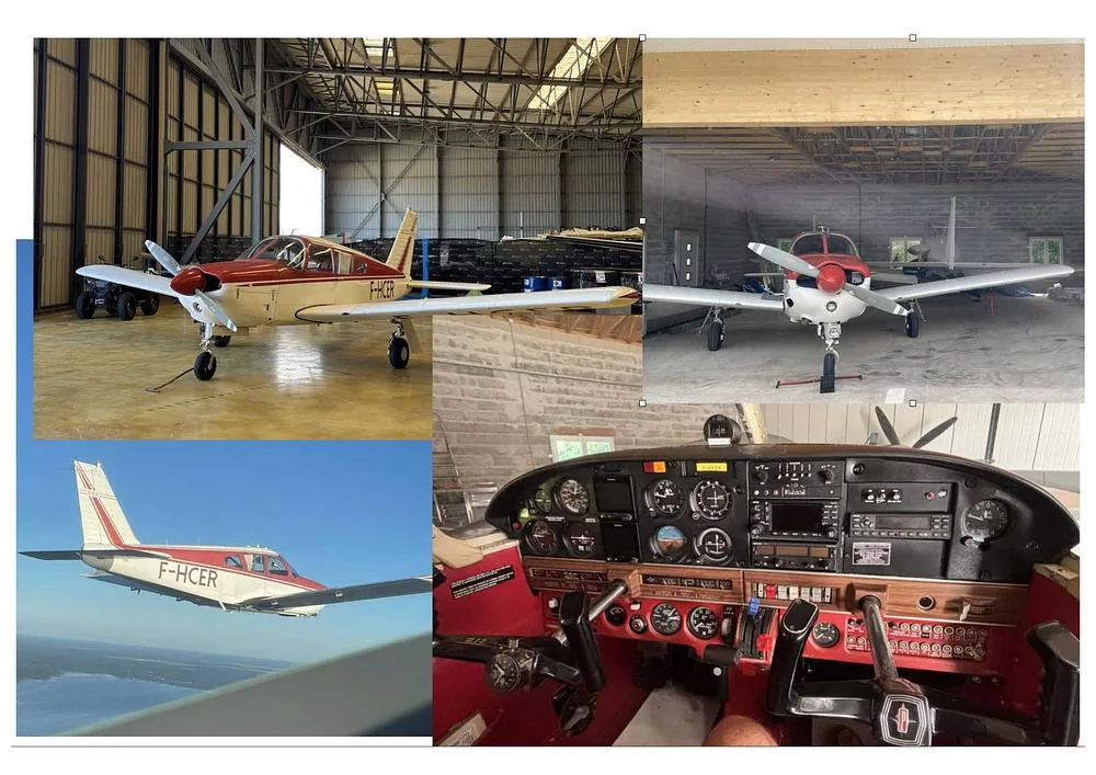 A collage showing a red and white single-engine aircraft, F-HCER, from various exterior views in a hangar and in flight, along with a detailed view of its cockpit.