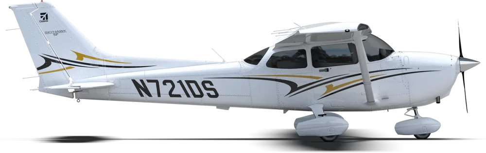 Side view of a Cessna Skyhawk with a white and gold paint scheme on a black background.
