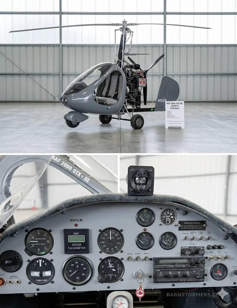 A grey RAF 2000 GTX-SE autogyro with registration N425LM is shown in a hangar, with a close-up of its instrument panel below.