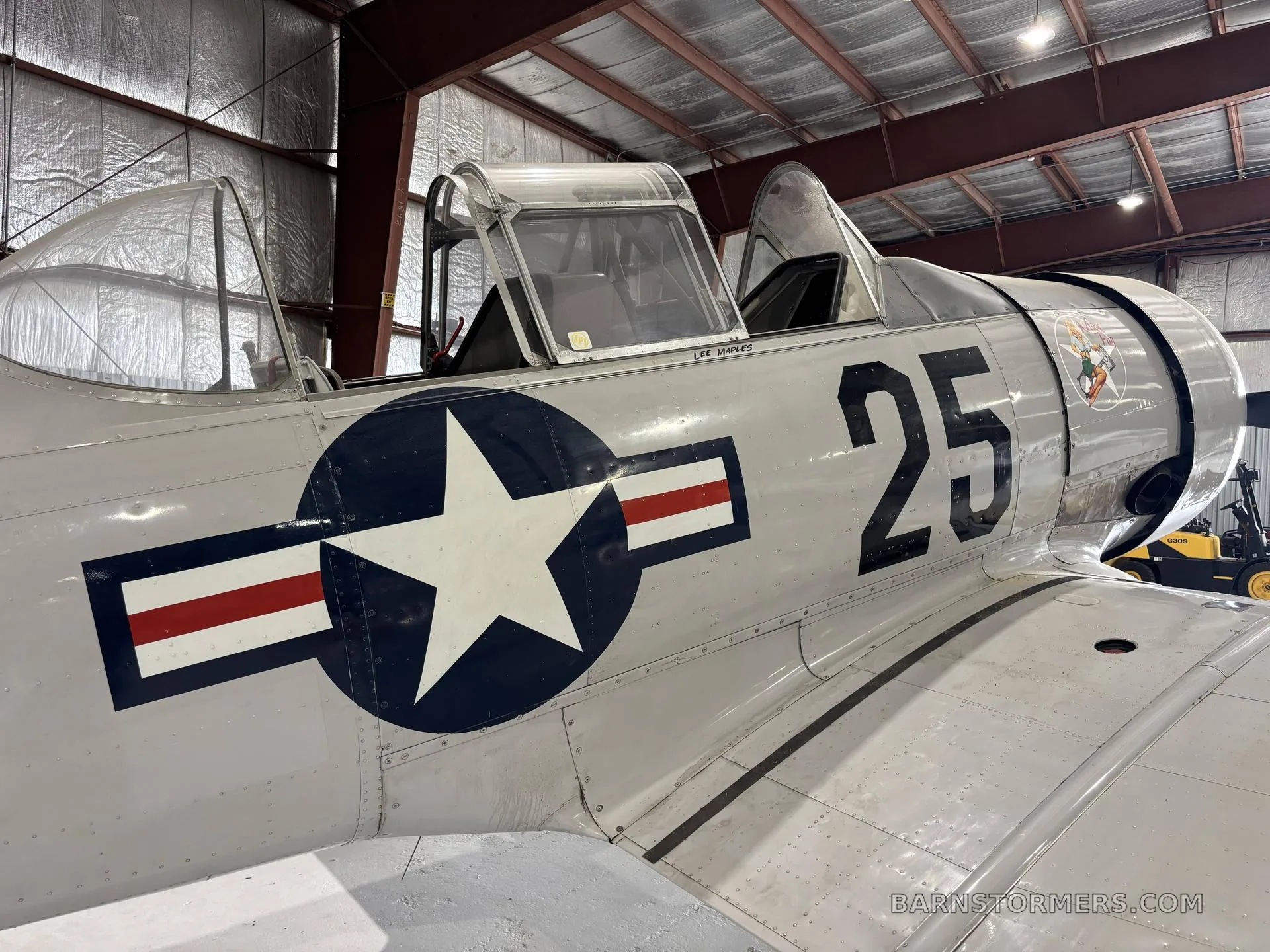 A close-up view of the fuselage of a light gray T-6G Texan aircraft with "25" markings and a US star insignia, inside a hangar.