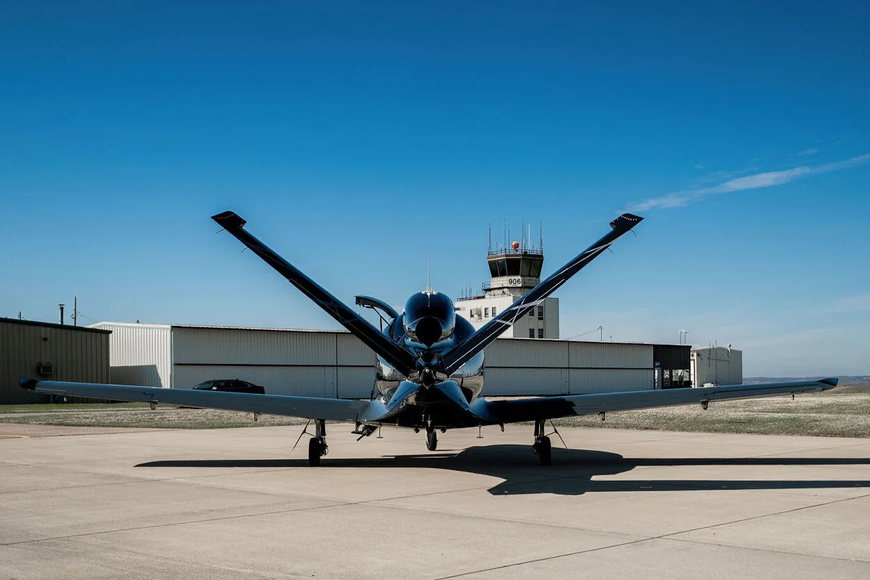 Frontal view of a black Cirrus Vision Jet (N71AB) parked on an airport tarmac with an air traffic control tower in the background.