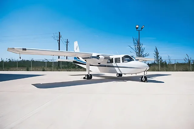 A white and blue twin engine aircraft is parked on the tarmac on a sunny day.