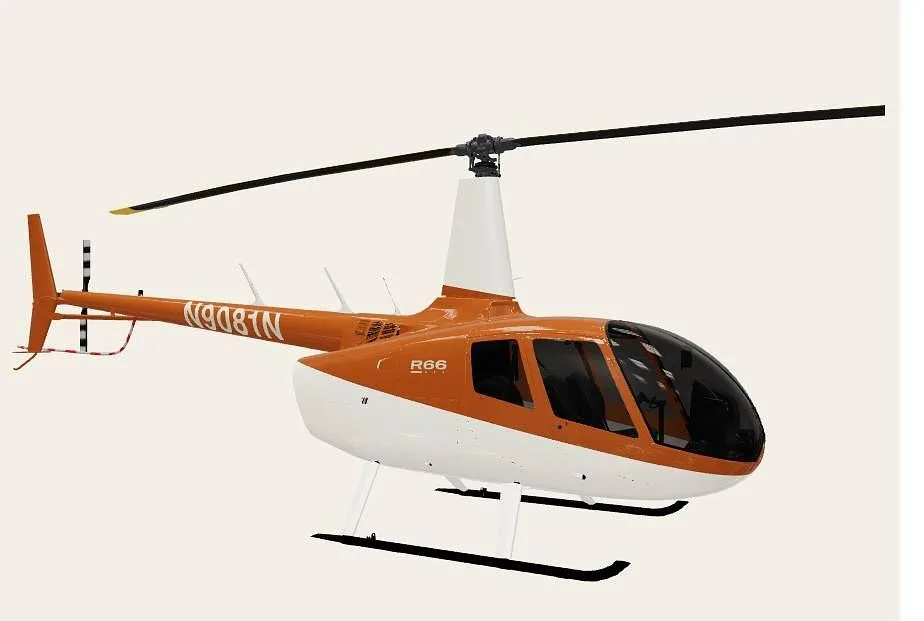 A three-quarter view of an orange and white Robinson R66 helicopter with registration N9081N on a plain background.