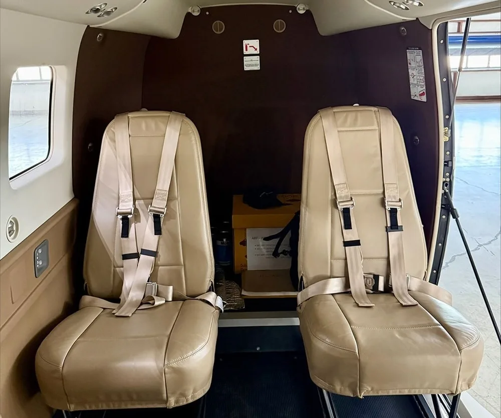 Two tan leather passenger seats with harnesses in the aircraft cabin.