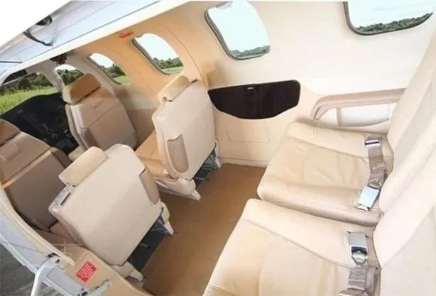 The aircraft cabin features light tan leather seats with seatbelts and multiple windows.