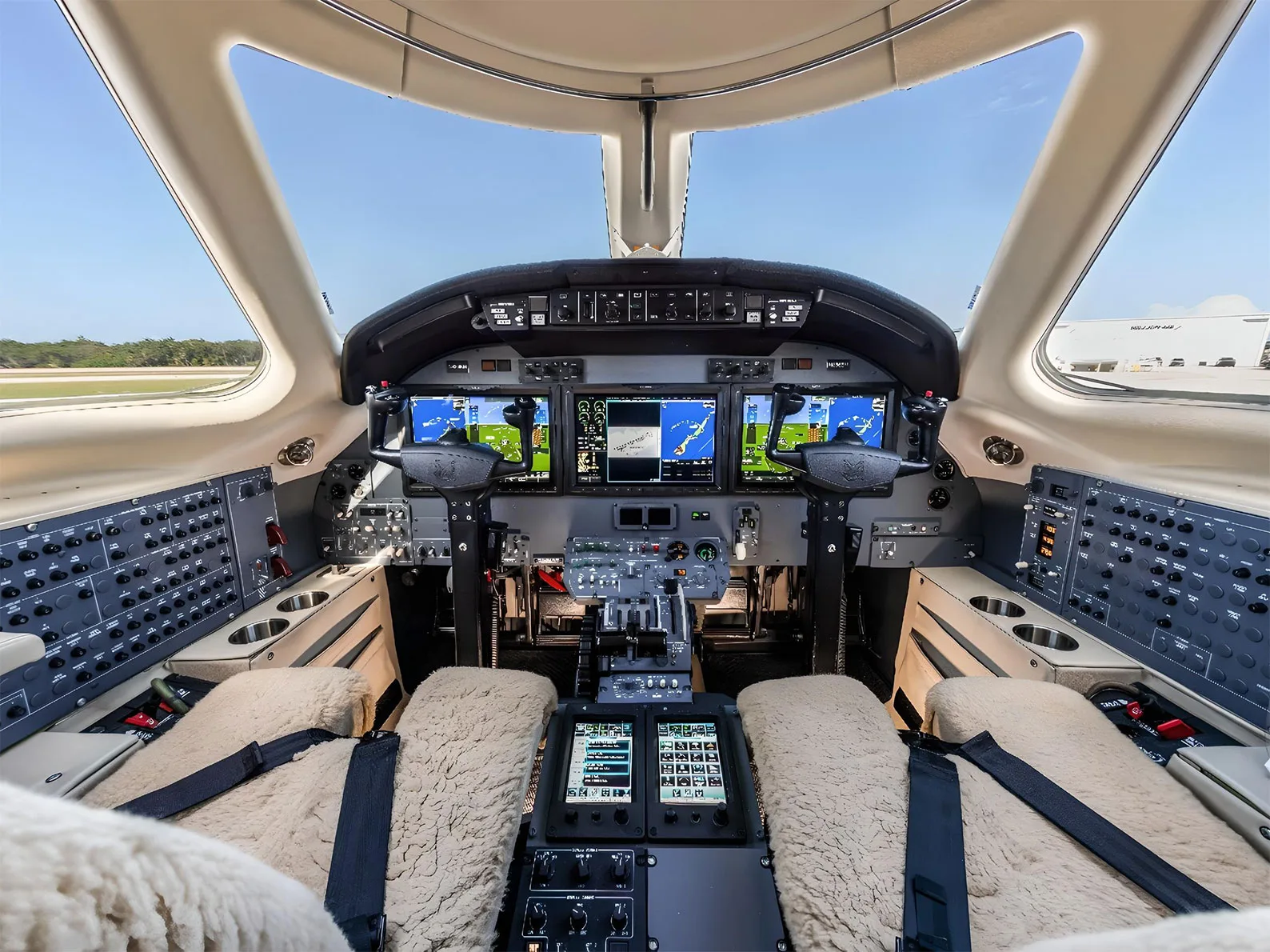 The cockpit of a private jet with multiple display screens and sheepskin seat covers.