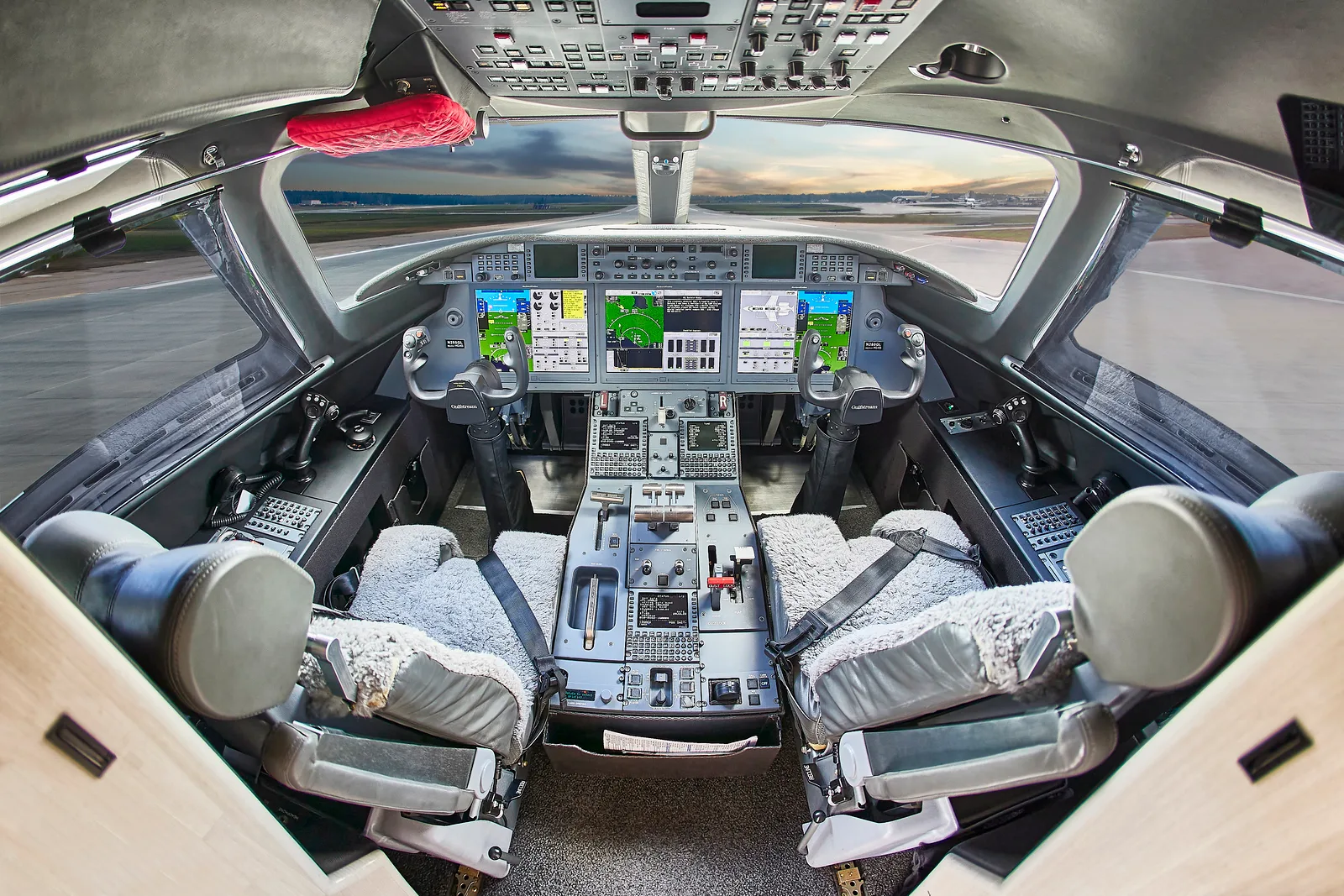 View of the aircraft cockpit instrument panel.