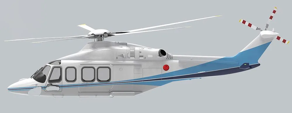 A white and blue helicopter with a four-blade main rotor and a two-blade tail rotor, viewed from the side.